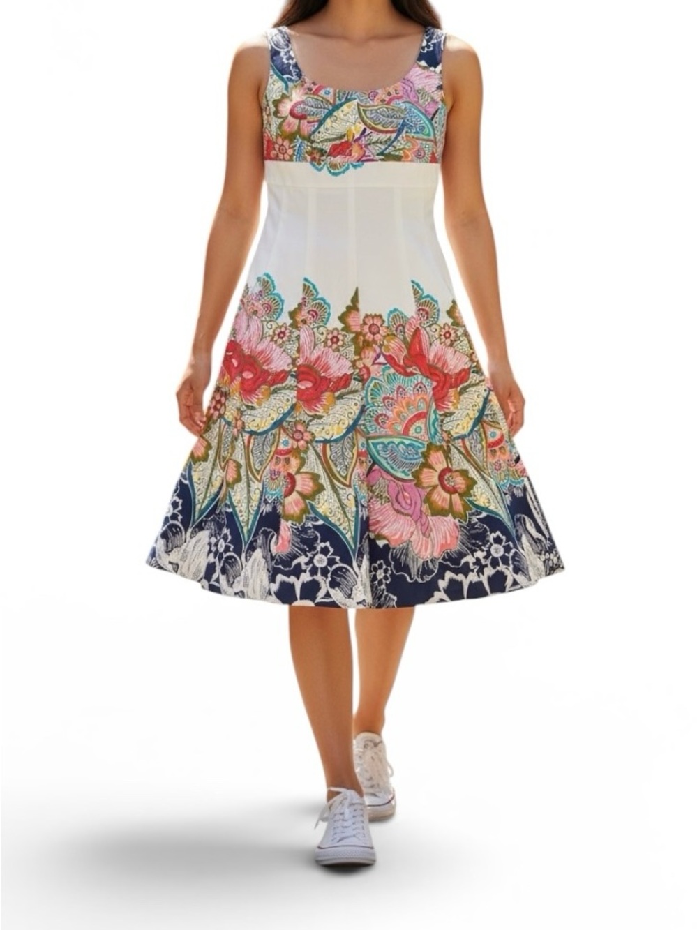 Nine West Floral Print A-Line cotton Dress in White and Navy Sz 6 nwt